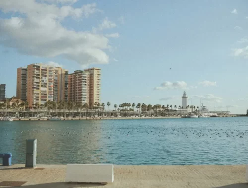 Uitzicht over het water van de haven van Málaga met palmbomen en hoge gebouwen