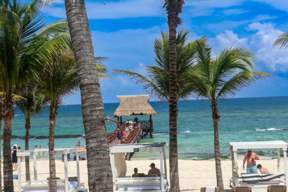 Palmbomen en het Caribische strand van Playa del Carmen in Mexico