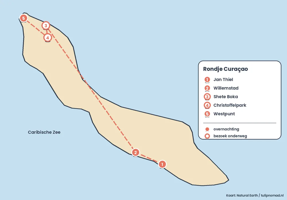 Routekaart van de rondreis over Curaçao met stops bij Jan Thiel, Willemstad, Shete Boka, het Christoffelpark en Westpunt