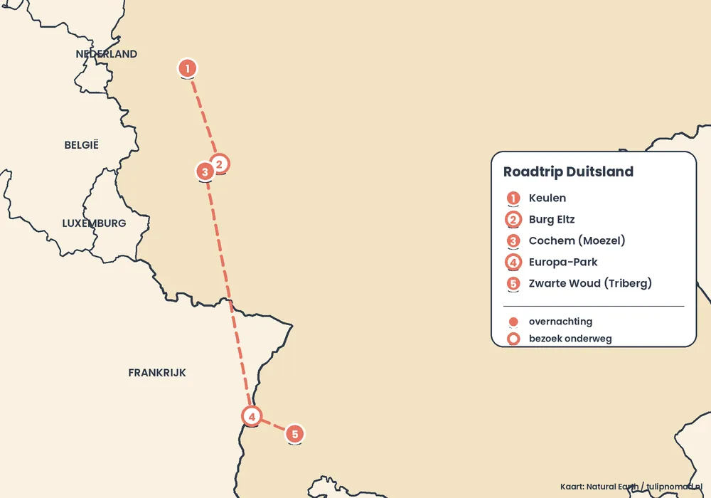 Routekaart van de roadtrip door Duitsland met stops in Keulen, Burg Eltz, Cochem, Europa-Park en het Zwarte Woud