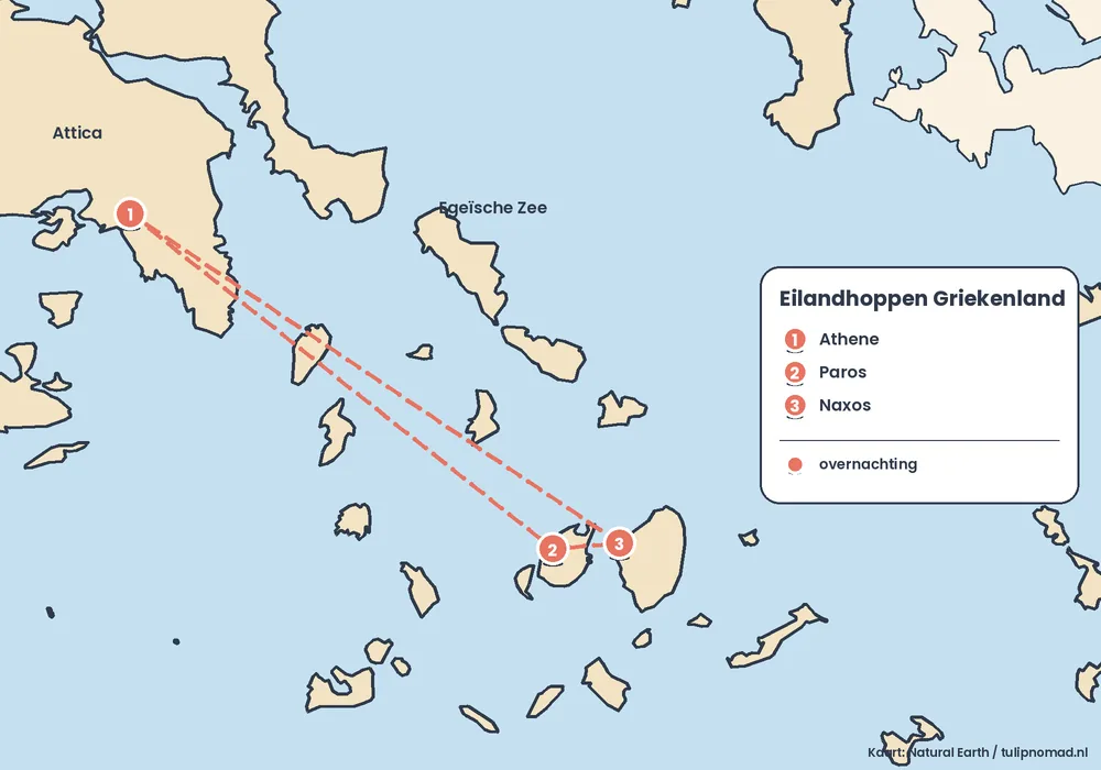 Routekaart van eilandhoppen in Griekenland met de veerboot van Athene naar Paros, Naxos en terug