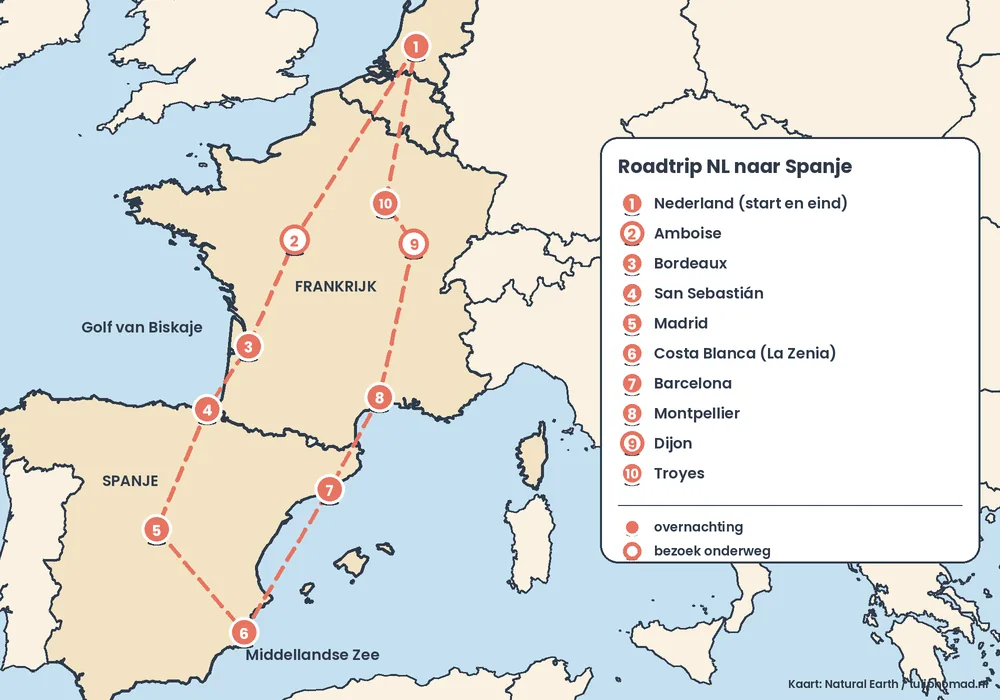 Routekaart van de roadtrip van Nederland naar Spanje en terug met genummerde stops: Amboise, Bordeaux, San Sebastián, Madrid, Costa Blanca, Barcelona, Montpellier, Dijon en Troyes