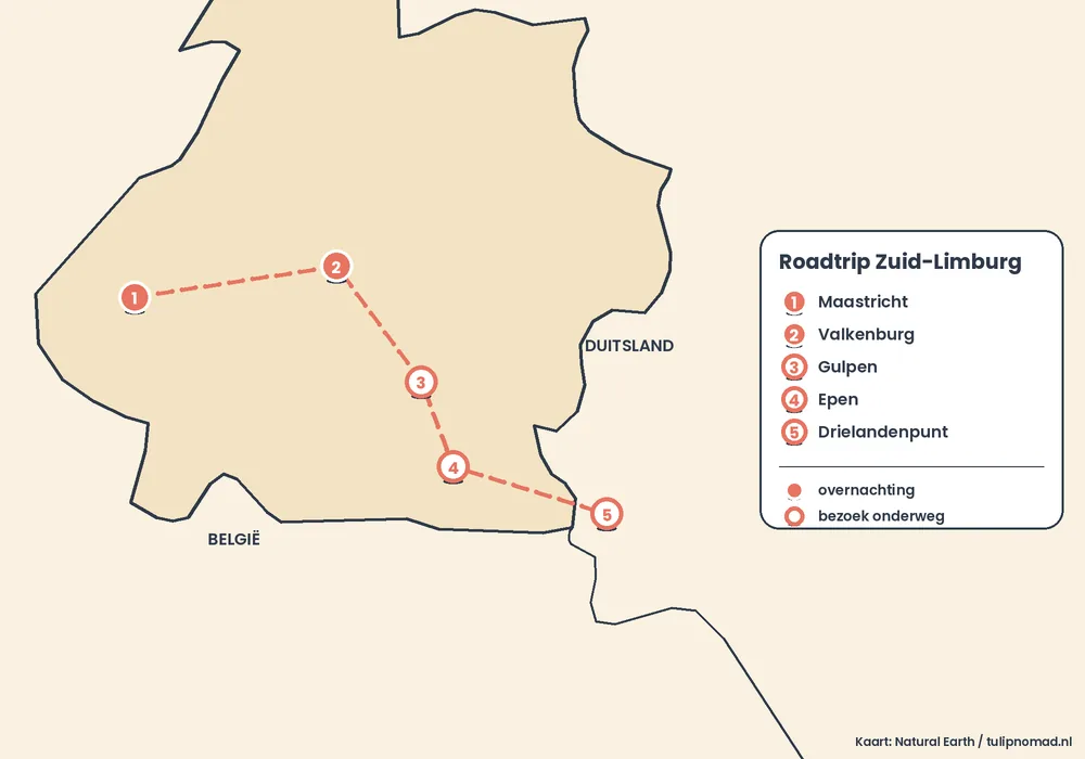 Routekaart van de roadtrip door Zuid-Limburg met genummerde stops: Maastricht, Valkenburg, Gulpen, Epen en het Drielandenpunt